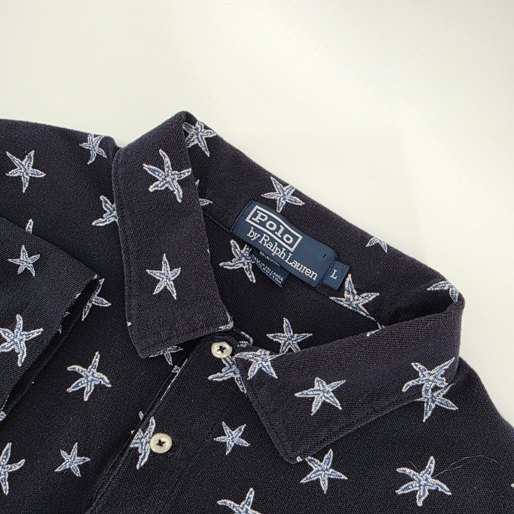 Polo Ralph Lauren Mens Navy Starfish Print Pique Polo Shirt L Large Cotton